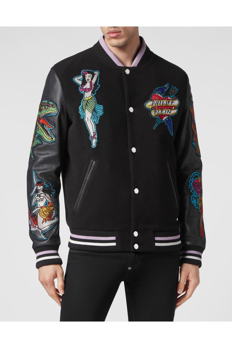 Leather College Bomber Hawaii Men, Main, color, black
