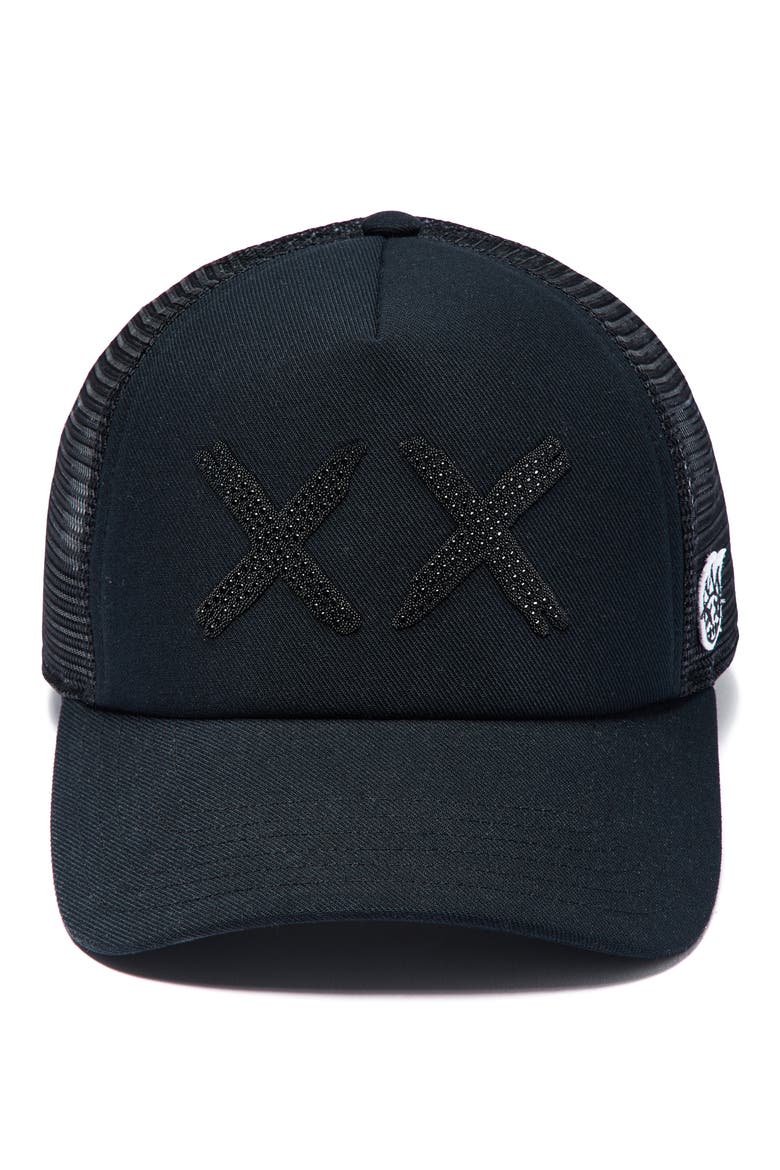 XX Crystal Embellished Trucker Hat, Alternate, color, BLACK/ BLACK