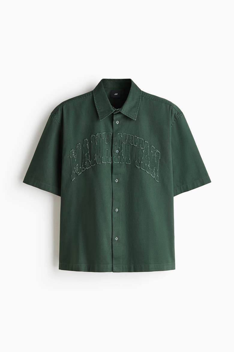 Relaxed-Fit Short-Sleeved Appliquéd Shirt, Alternate, color, Dark green/Manhattan