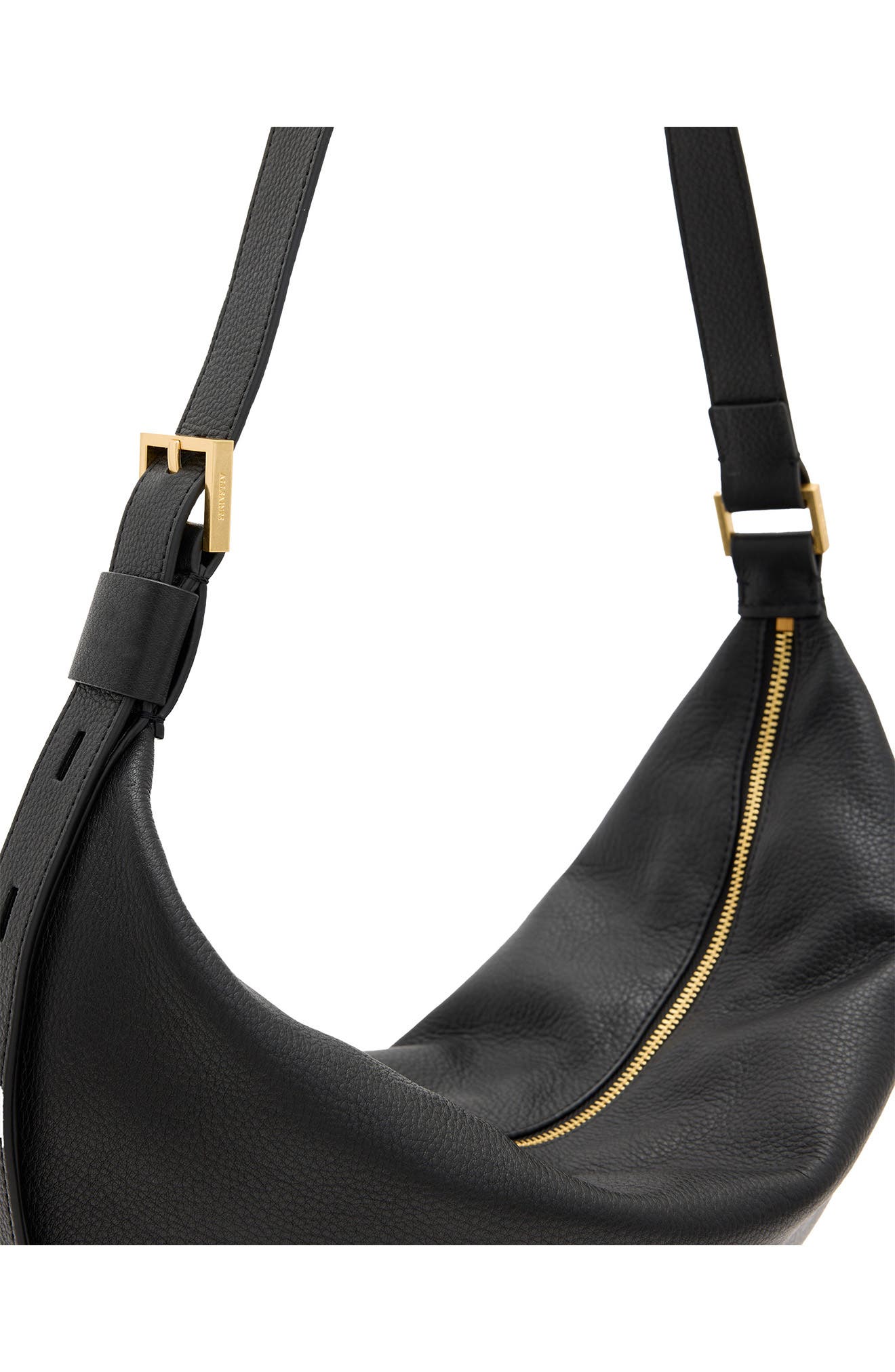 AllSaints Half Moon Leather Shoulder Bag, Alternate, color, Black