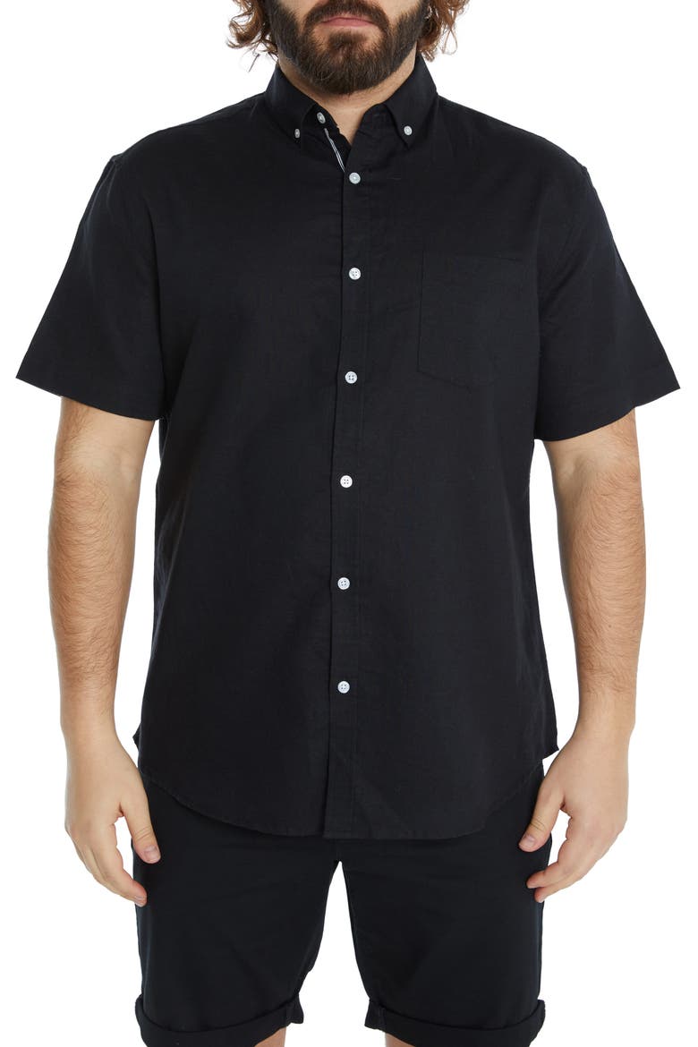 Fresno Short Sleeve Linen Blend Button-Down Shirt, Main, color, BLACK