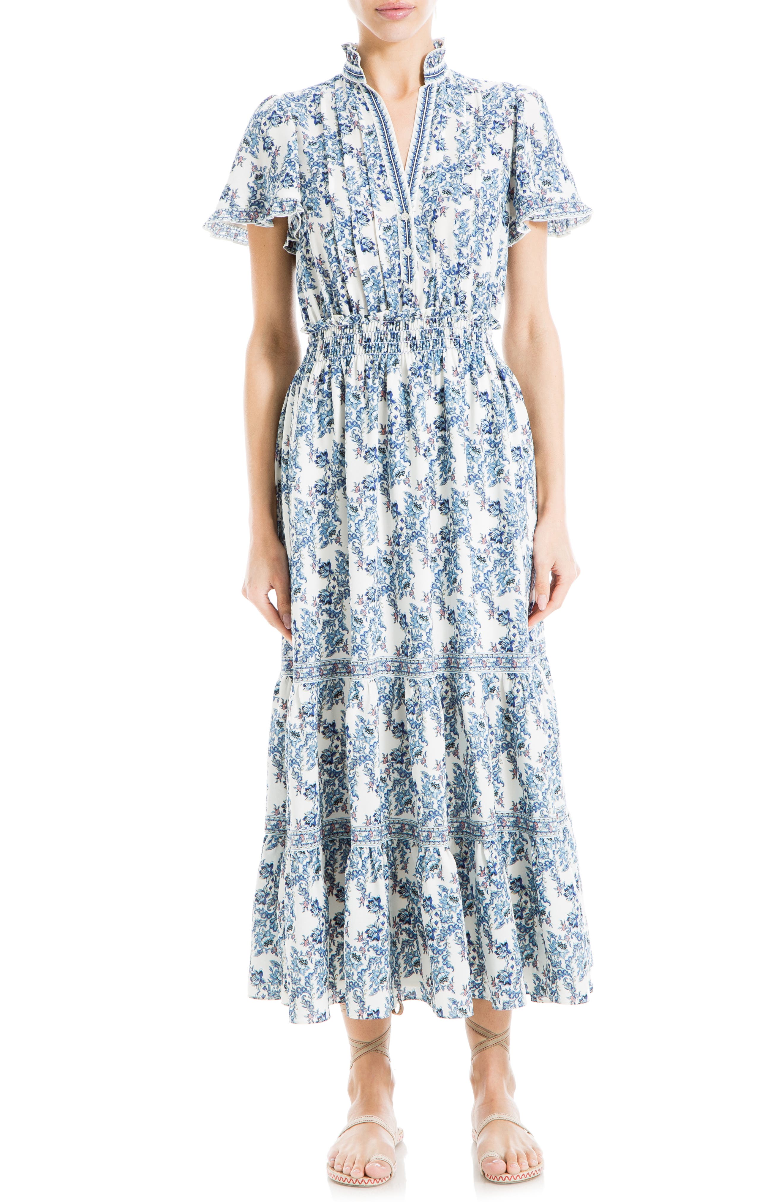 Smocked Flutter Sleeve Maxi Dress