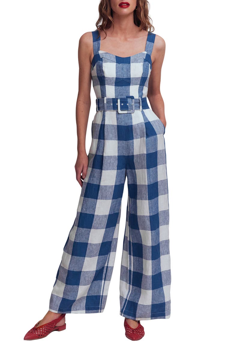 Panelled Bodice Linen Jumpsuit, Main, color, DENIM BLUE GINGHAM