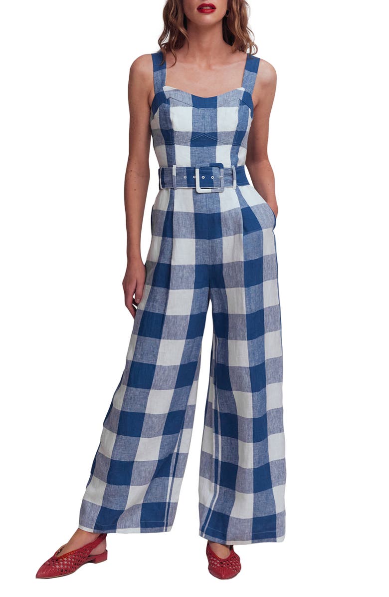 Boden Panelled Bodice Linen Jumpsuit, Main, color, Denim Blue Gingham