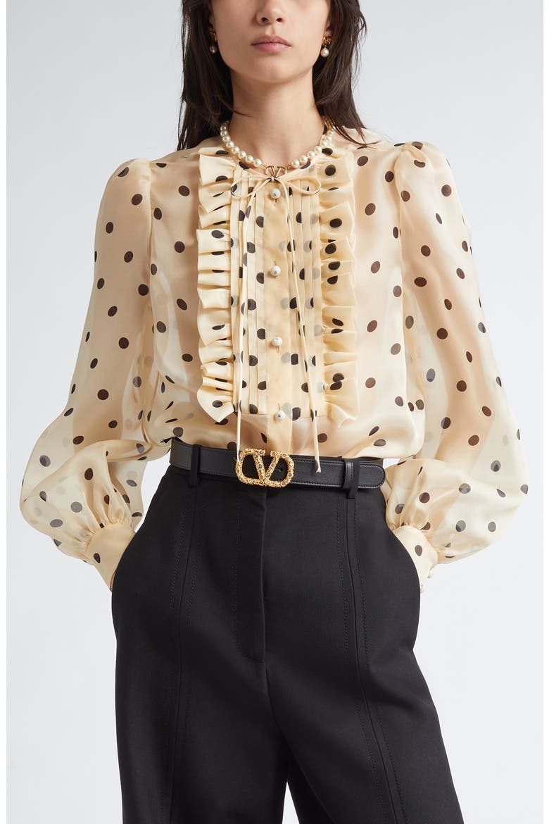 Polka Dot Ruffle Sheer Silk Organza Shirt, Main, color, AVORIO/NERO