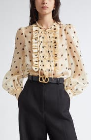Valentino Garavani Polka Dot Ruffle Sheer Silk Organza Shirt