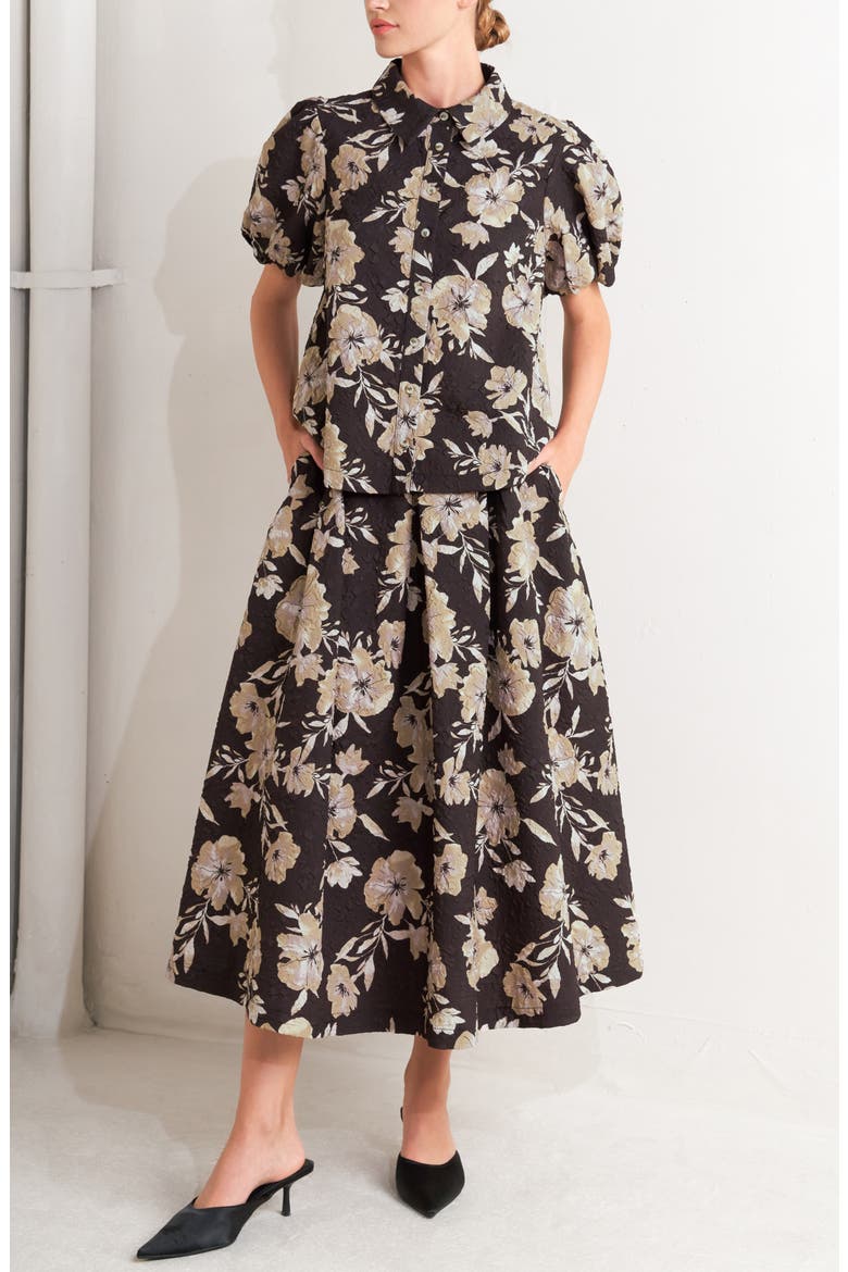 Textured Floral Midi Skirt, Alternate, color, DARK BROWN