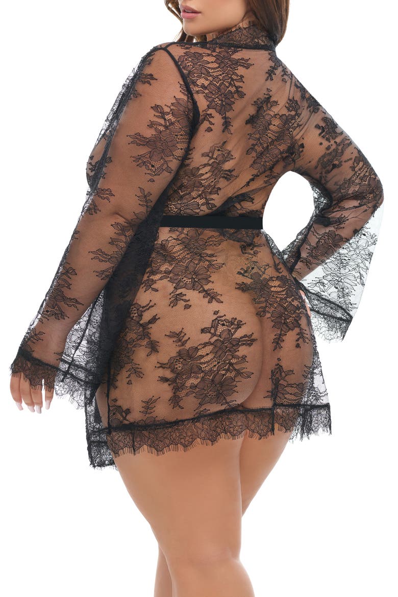 Amoré Lace Satin Bow Robe, Alternate, color, BLACK