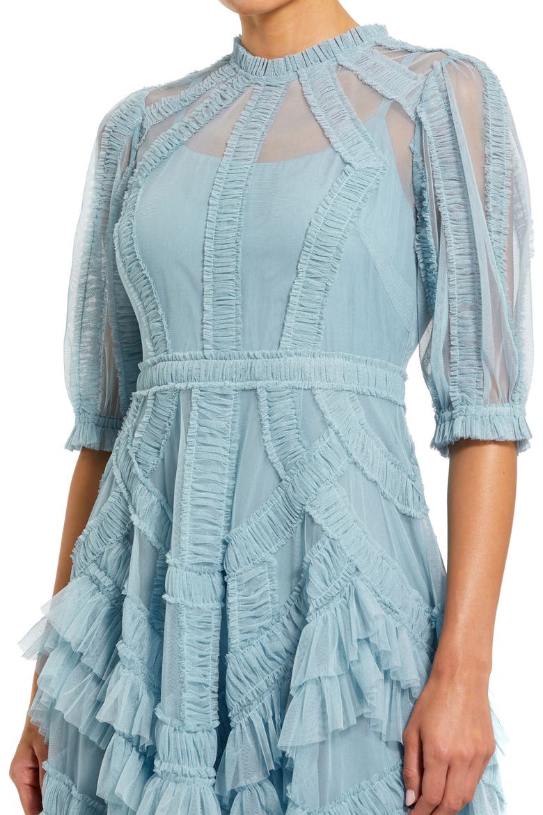 Petite High Neck Puff Sleeve Ruffle Tiered Dress, Alternate, color, French Blue