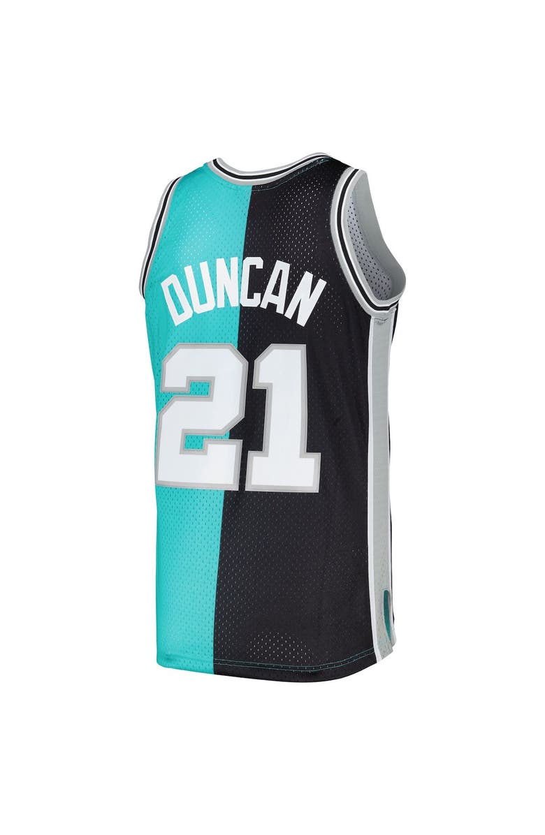 Mitchell & Ness Men's Mitchell & Ness Tim Duncan Black/Teal San Antonio Spurs Hardwood Classics 1998/99 Split Swingman Jersey, Alternate, color, 