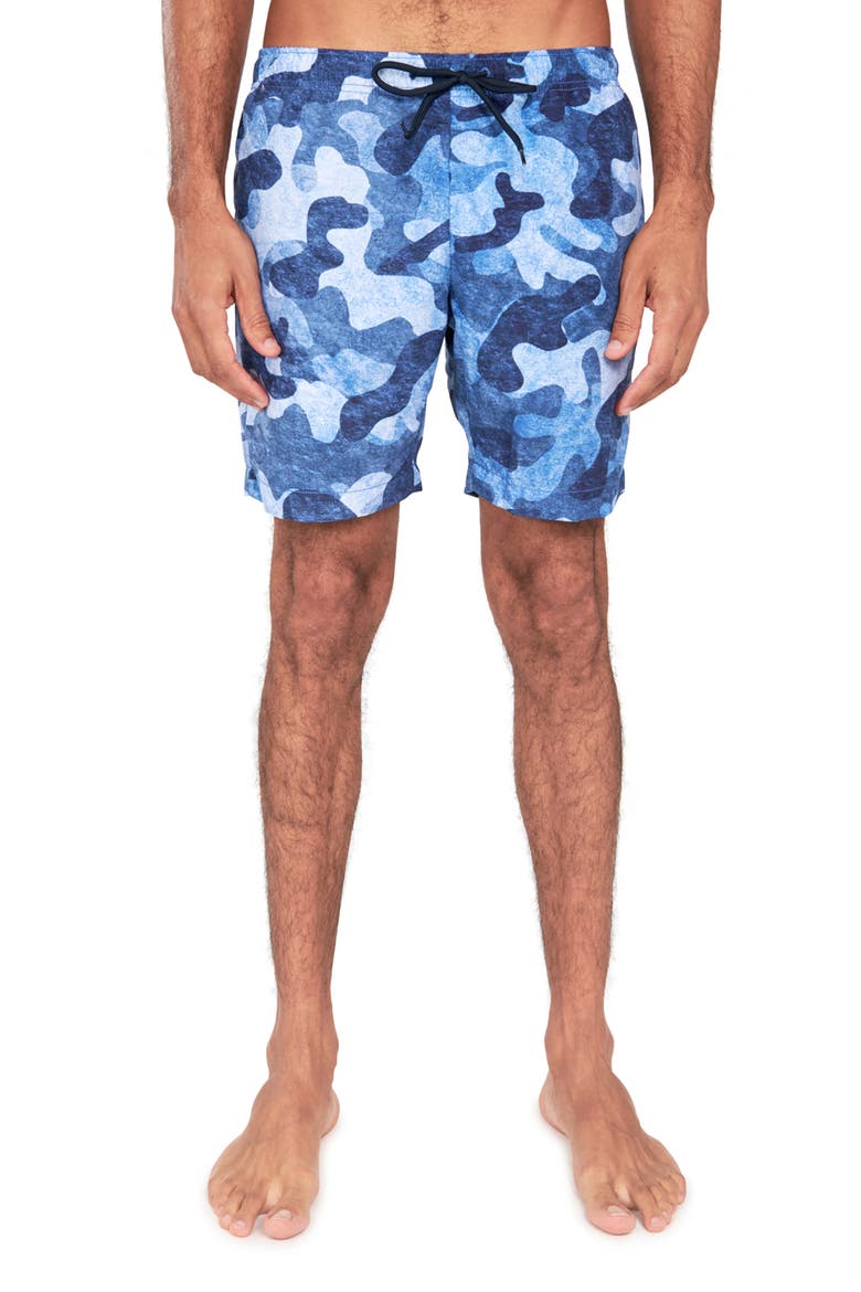 Slim Fit Camo Swim Trunks, Main, color, BLUE