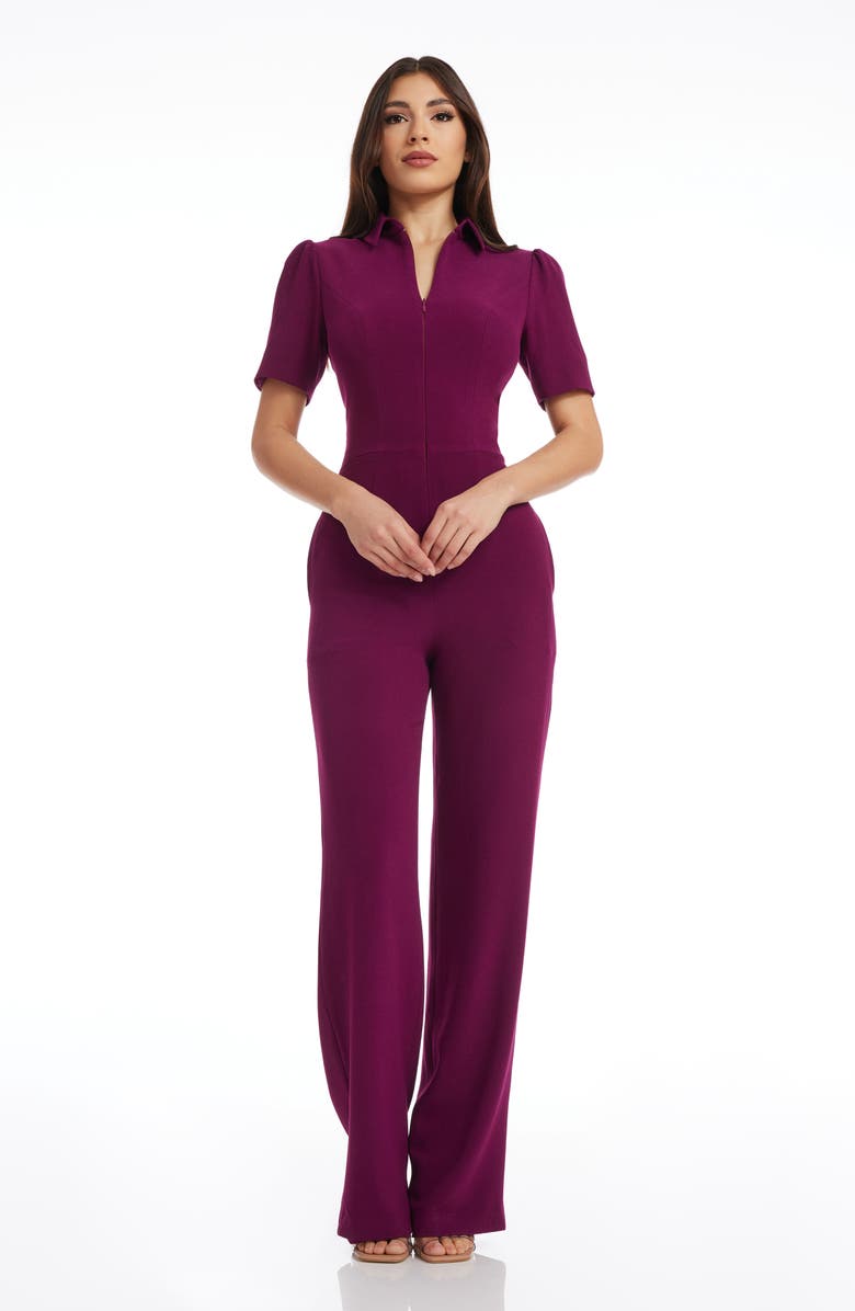 Dress the Population Gloria Front Zip Jumpsuit, Alternate, color, Dark Magenta