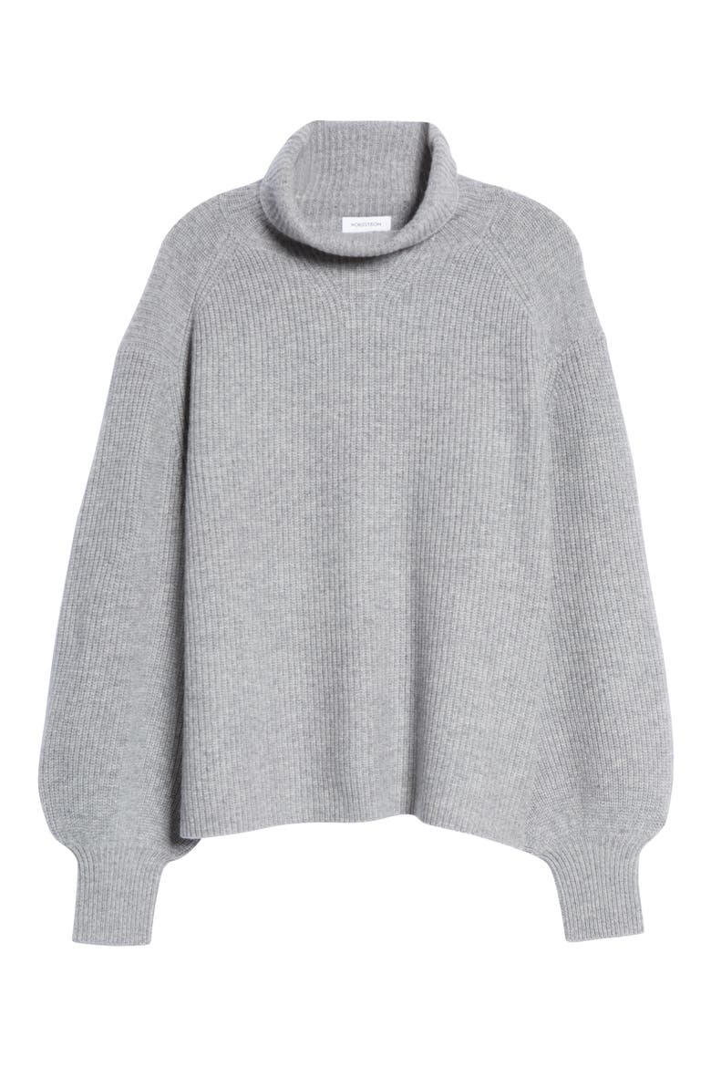 Puff Sleeve Wool & Cashmere Turtleneck Sweater, Alternate, color, GREY HEATHER