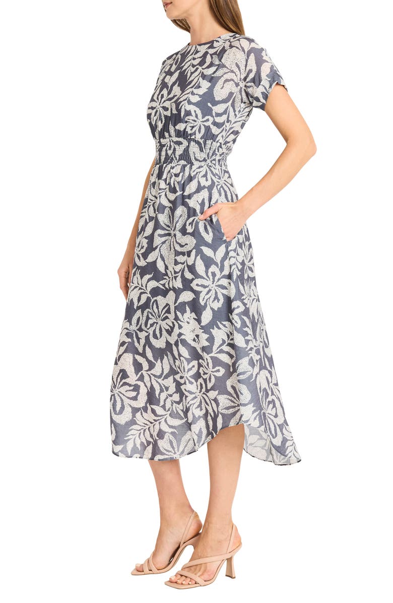 Maggy London Floral Smocked Waist Midi Sundress, Alternate, color, Slate/ Cream