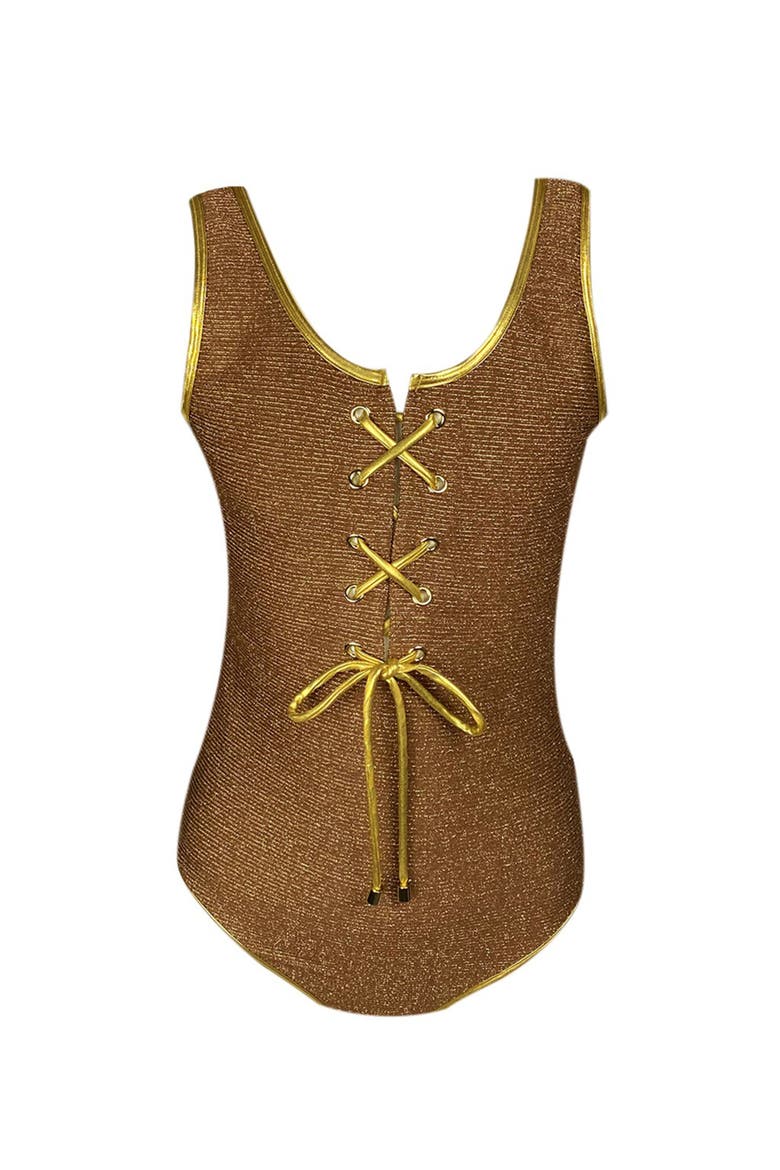 Kids' Casual Eyelet Detail One-Piece Swimsuit, Main, color, Brown