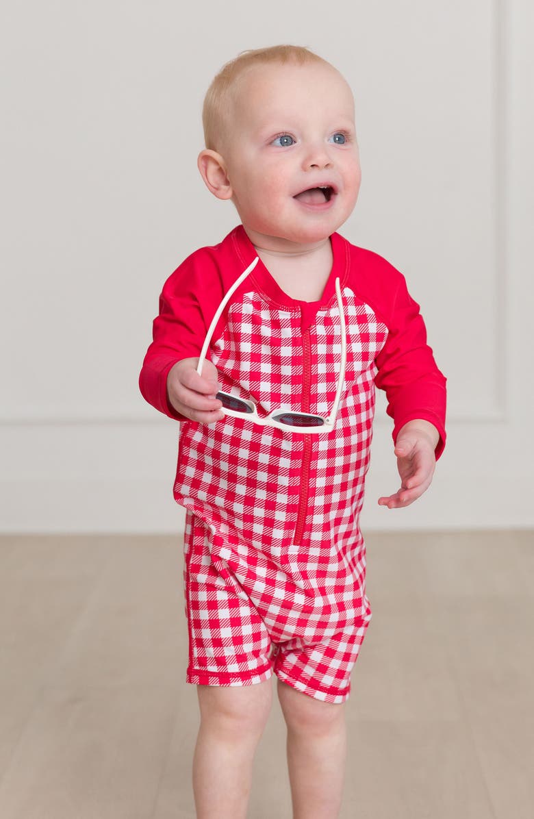 RuggedButts Red Gingham One-Piece Rashguard Swimsuit & Hat Set, Alternate, color, 