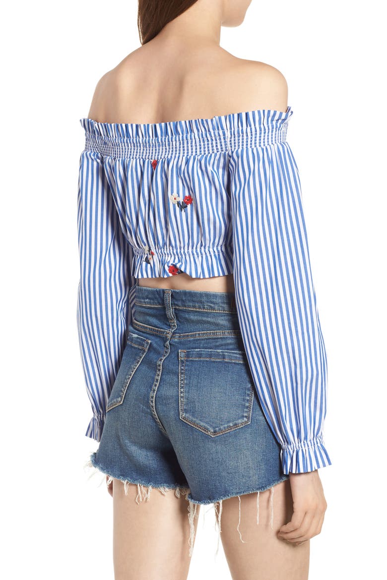 Chloe + Katie Embroidered Off the Shoulder Crop Top, Alternate, color, BLUE/ WHITE STRIPE