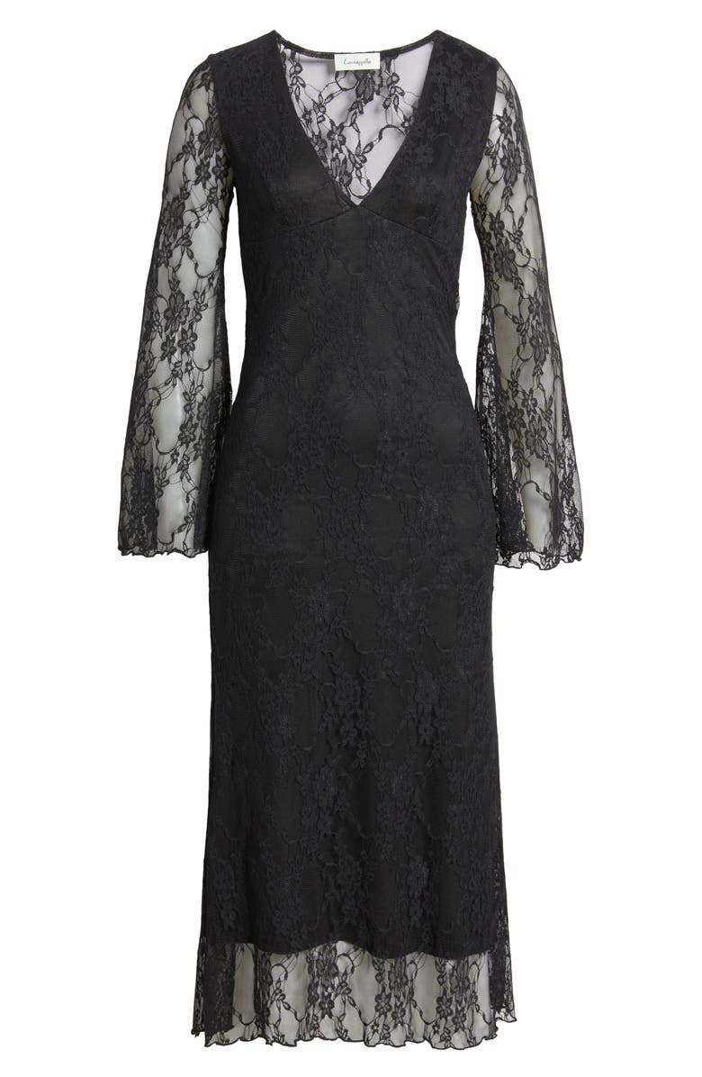 Loveappella Bell Lace Overlay Long Sleeve Midi Dress, Alternate, color, Black