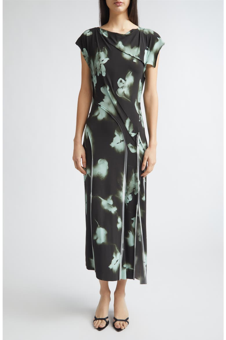Blurred Floral Print Draped Jersey Dress, Main, color, HUNTER GREEN / LIGHT AQUA