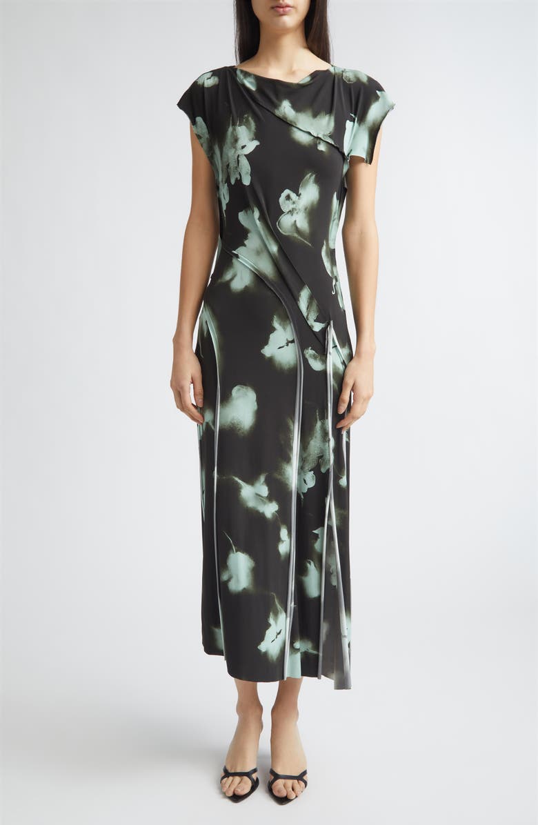 Jason Wu Collection Blurred Floral Print Draped Jersey Dress, Main, color, Hunter Green / Light Aqua