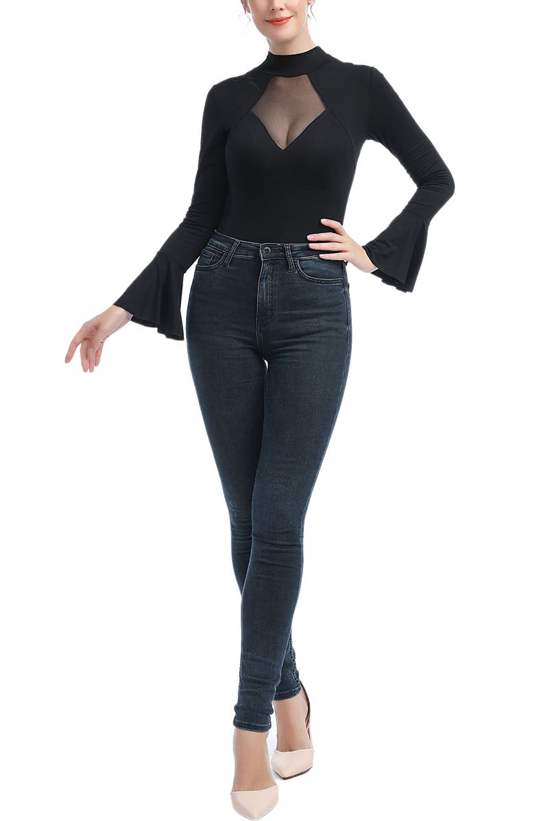 Kimi & Kai Jan Turtle Neck Bell Sleeve Bodysuit, Alternate, color, Black