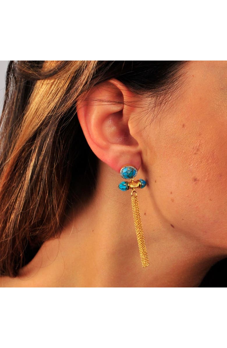 LuvMyJewelry Sunkissed Design Yellow Gold Plated Silver Turquoise Gemstone Diamond Fringe Earring, Alternate, color, 