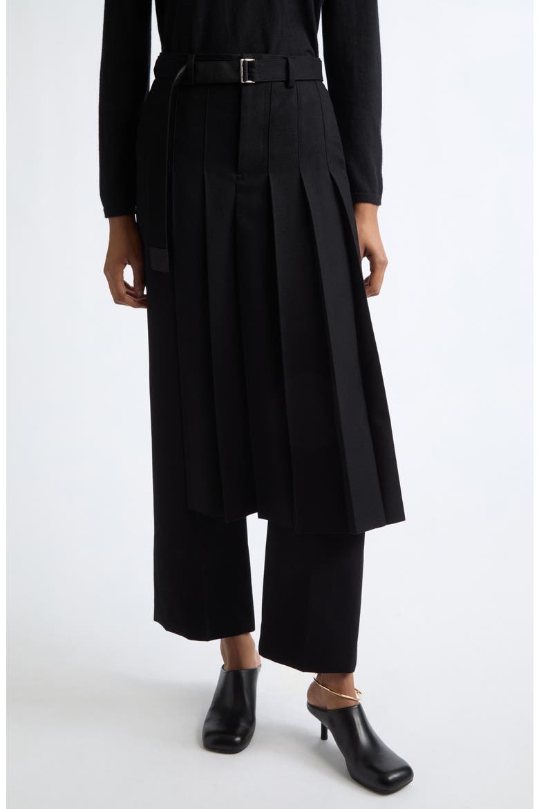 Pleated Overlay Wool Flannel Wide Leg Pants, Main, color, BLACK