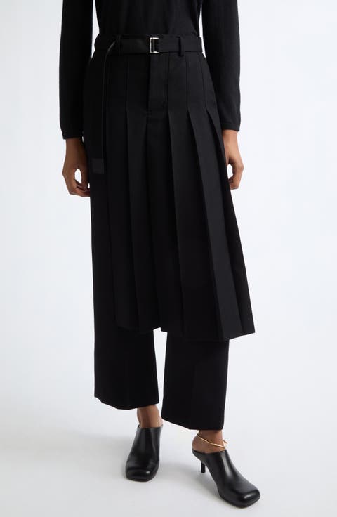 Pleated Overlay Wool Flannel Wide Leg Pants