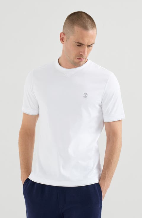 Cotton jersey crew neck T-shirt with logo and faux-layering