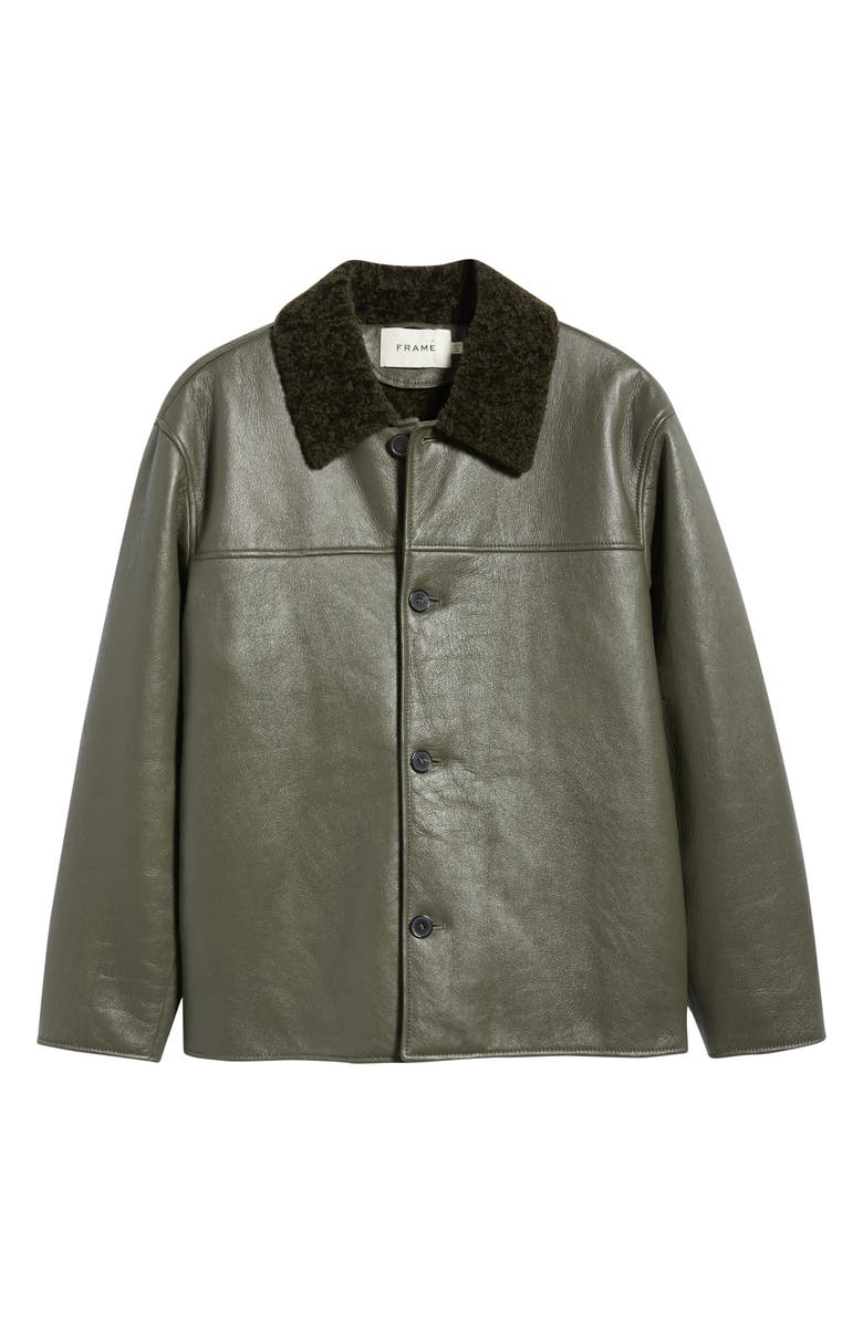 FRAME Leather Barn Jacket with Genuine Shearling Collar, Main, color, Dark Olive