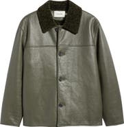 FRAME Leather Barn Jacket with Genuine Shearling Collar