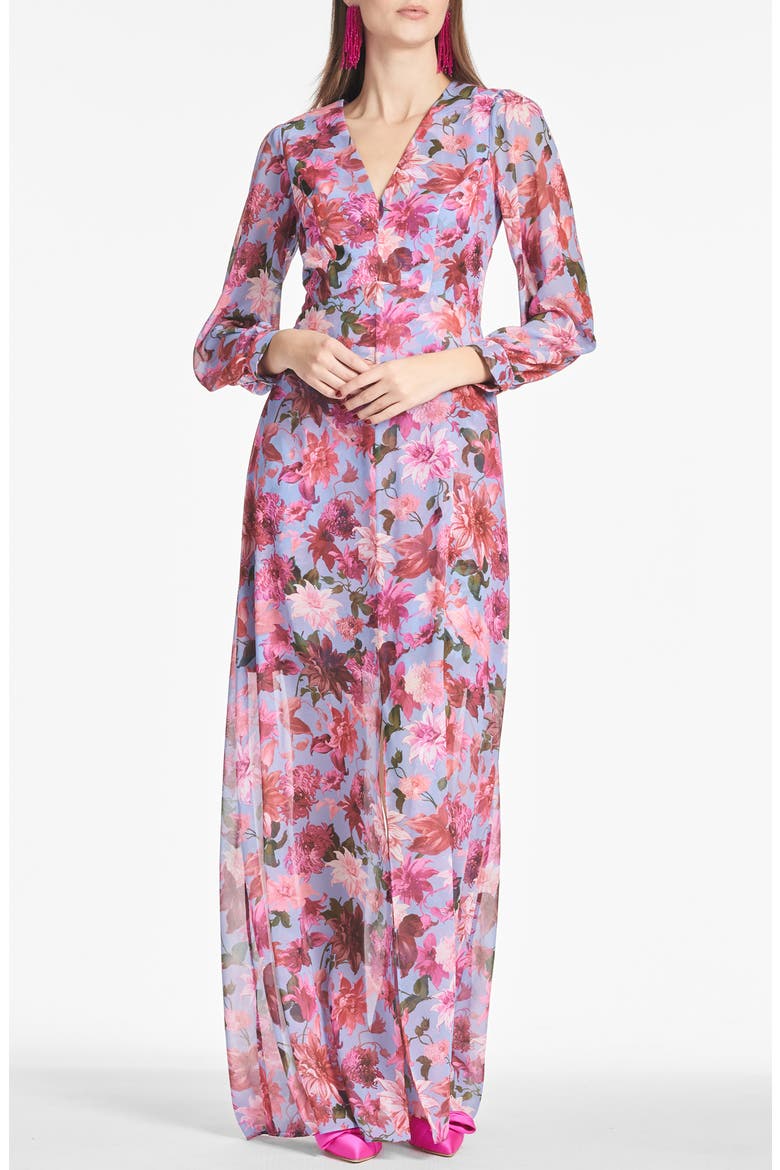 Penny Long Sleeve Chiffon A-Line Gown, Main, color, PINK PERIWINKLE DAHLIA
