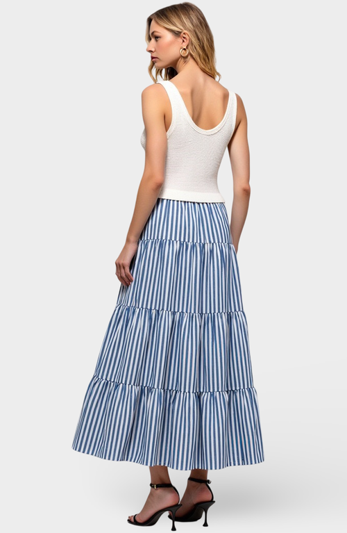 Modenaire Striped Tiered A-line Maxi Skirt With Side Pockets And Relaxed Fit In Blue