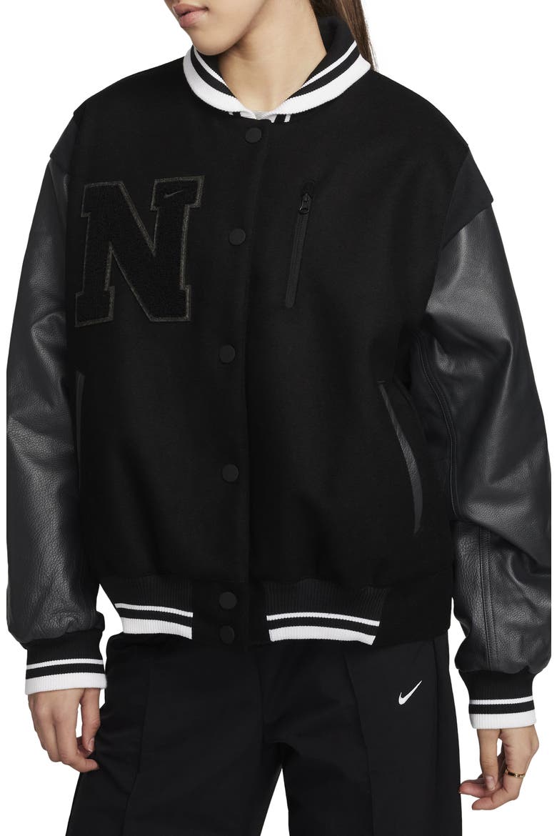 Sportswear Destroyer Leather & Wool Blend Bomber Jacket, Main, color, BLACK/ ANTHRACITE/ ANTHRACITE