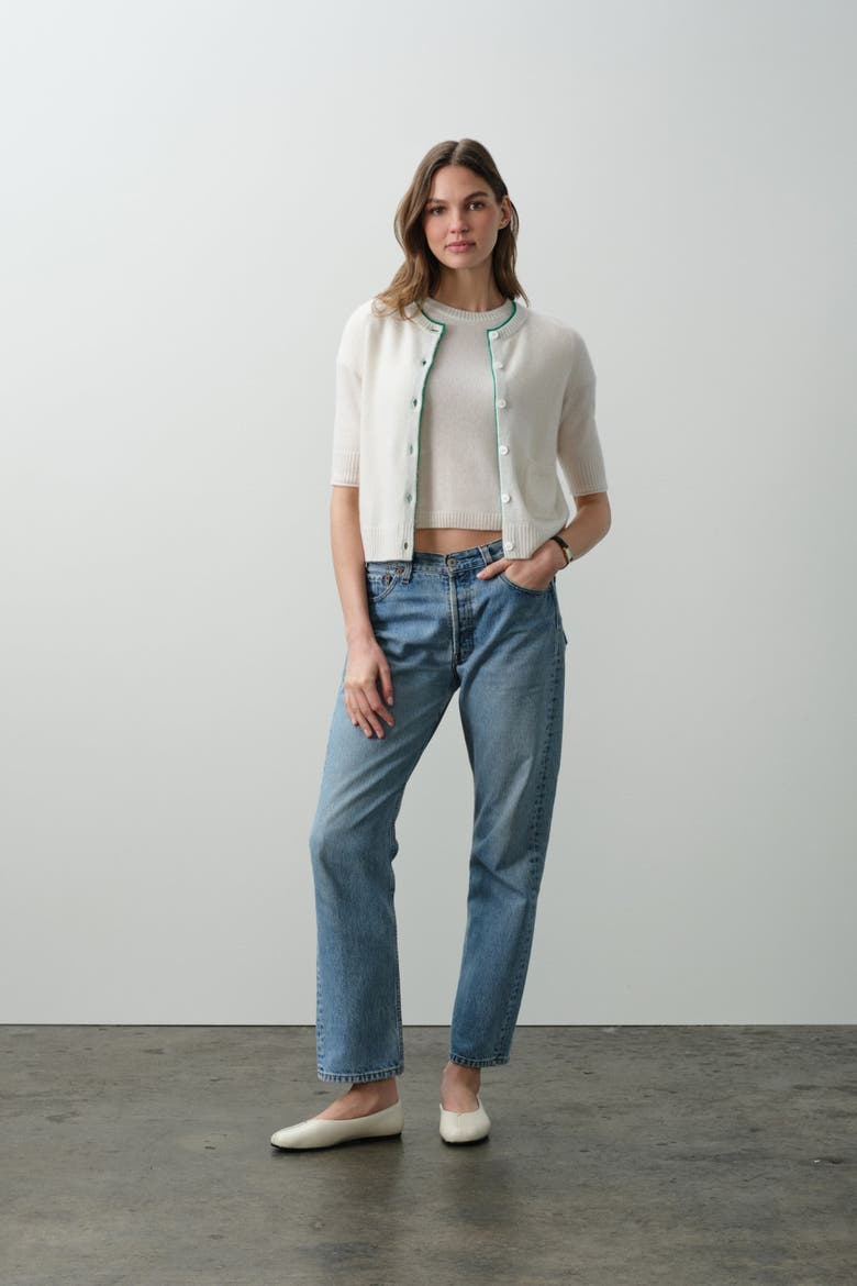 Ana Elbow Sleeve Cashmere Cardigan, Main, color, ECRU/TURF