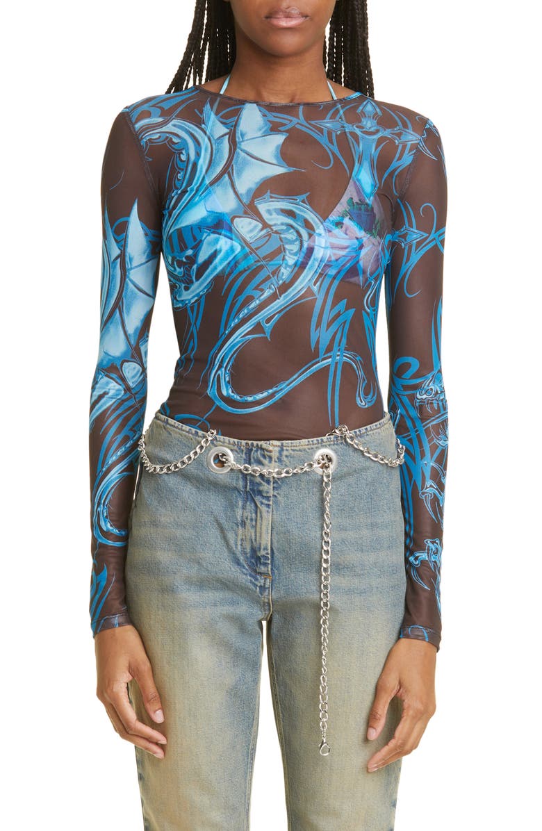 Miaou Tattoo Print Long Sleeve Mesh T-Shirt, Main, color,