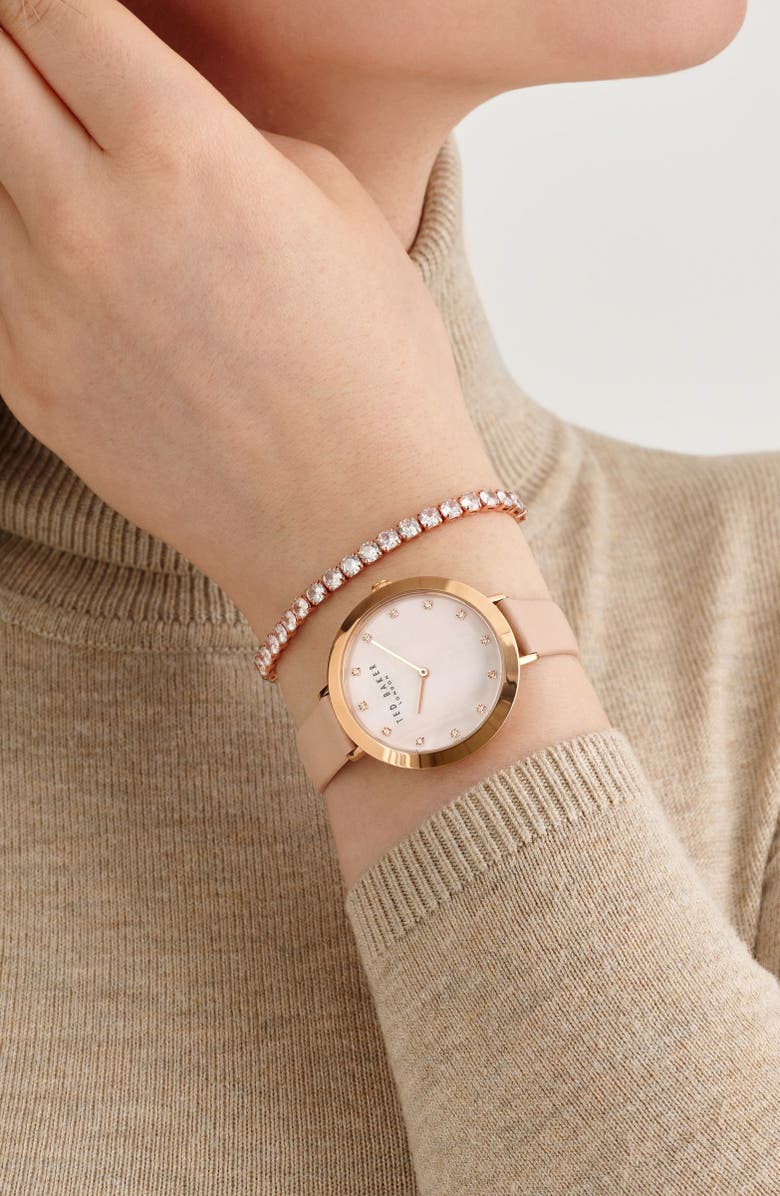 Ted Baker Leather Strap Watch & Crystal Slider Bracelet Set, 37mm, Alternate, color, Rose Gold-Tone