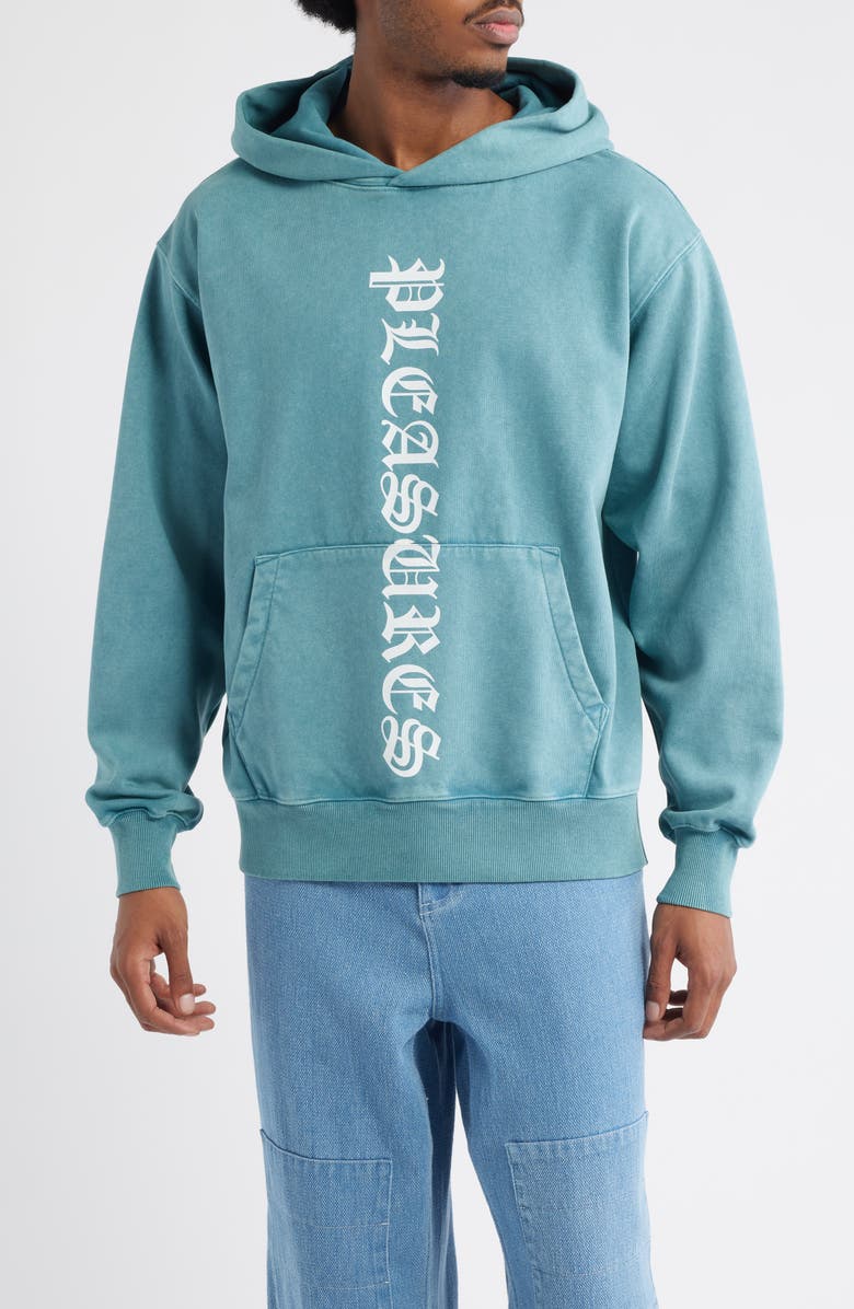 PLEASURES Knight Overdye Logo Graphic Hoodie, Main, color, Teal
