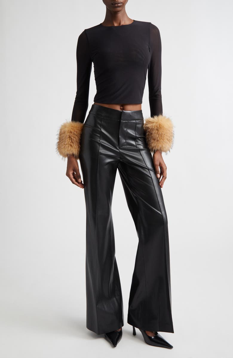 Alice + Olivia Delaina Faux Fur Cuff Mesh Crop Top, Alternate, color, Black