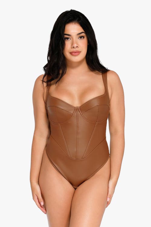 Popilush Shapewear Faux Leather Hourglass Corset Bodysuit In Dark Brown