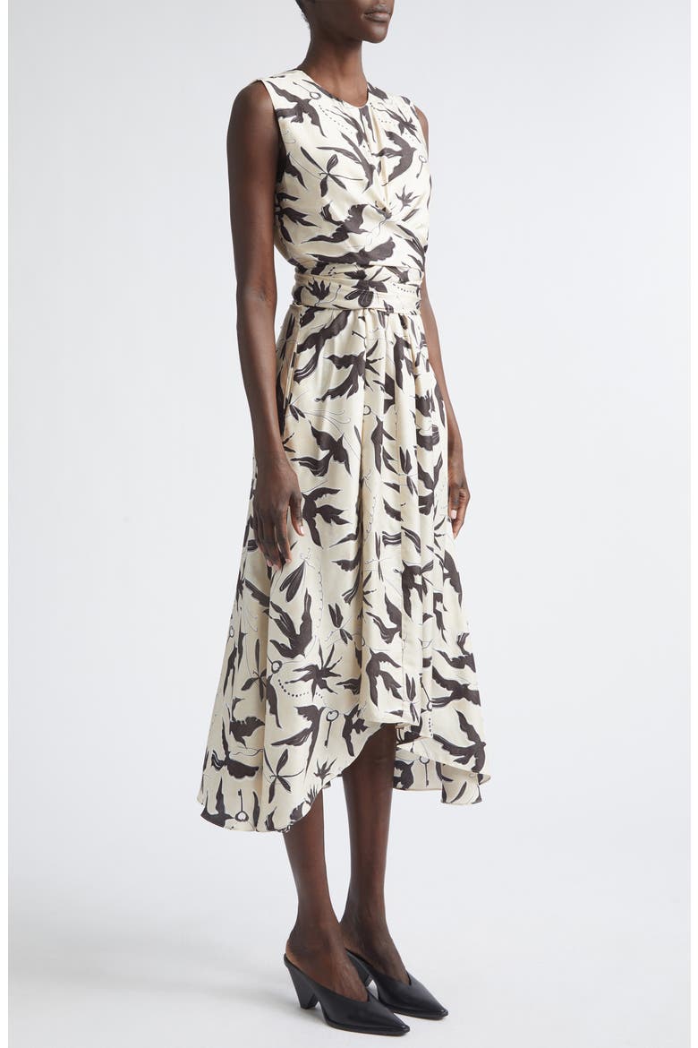 Penny Bird Print Draped Asymmetric Silk Dress, Alternate, color, 378172 TAPIOCA BIRD