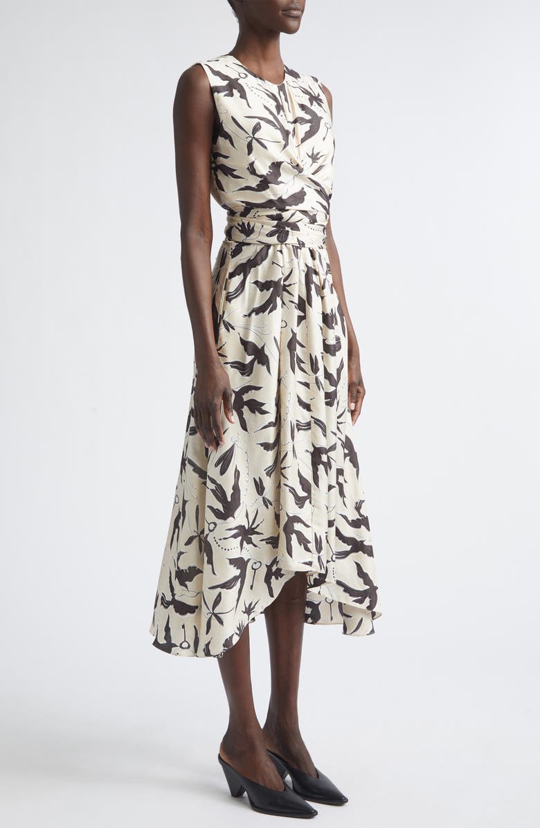 Altuzarra Penny Bird Print Draped Asymmetric Silk Dress, Alternate, color, 378172 Tapioca Bird