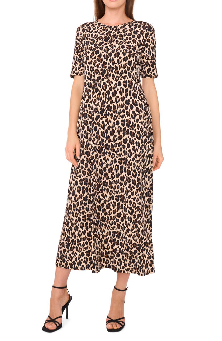 Vince Camuto Crewneck Midi T-Shirt Dress, Main, color, Rich Black/ Beige Multi