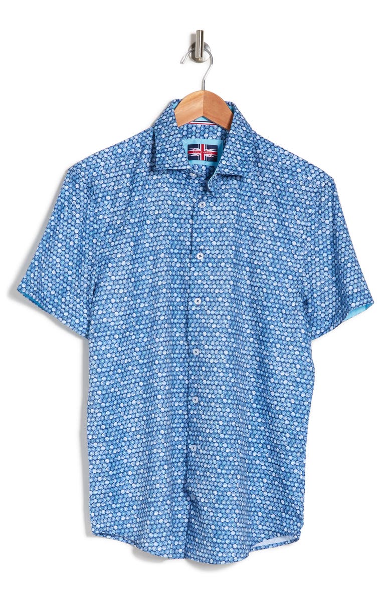 SOUL OF LONDON Geo Dots Short Sleeve Stretch Button-Up Shirt, Alternate, color, Teal Multi