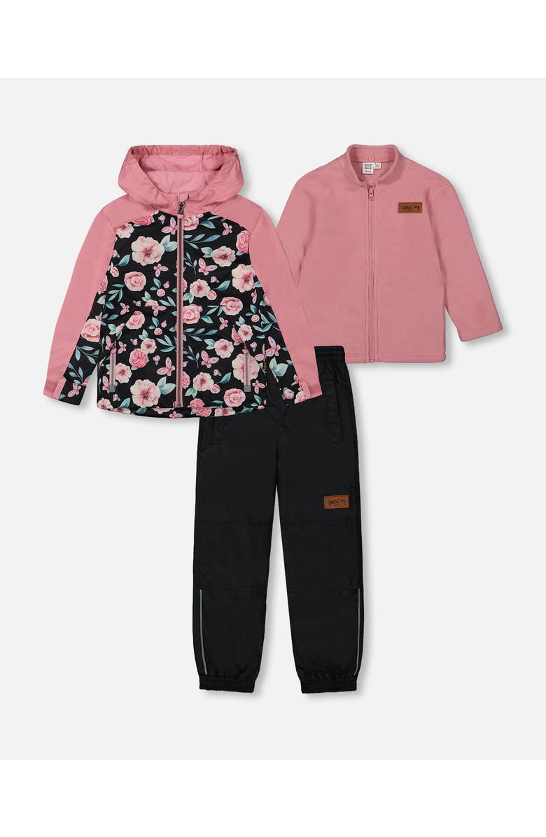 Deux par Deux Baby Girl's 3-In-1 Mid-Season Outerwear Set With Printed Jacket Pink, Black, And Flowers, Main, color, Pink, Black, And Flowers