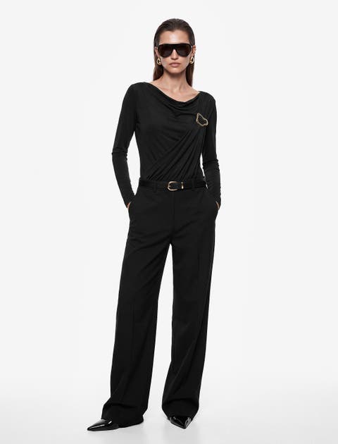 Slim Fit Long Sleeve Cowl Neck Bodysuit With Accessory Detail