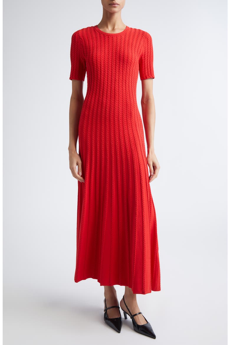 Cable Stitch Short Sleeve Midi Sweater Dress, Main, color, PAPAYA