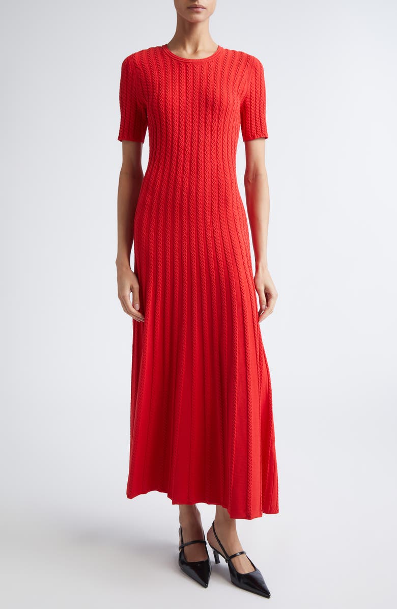 Jason Wu Collection Cable Stitch Short Sleeve Midi Sweater Dress, Main, color, Papaya