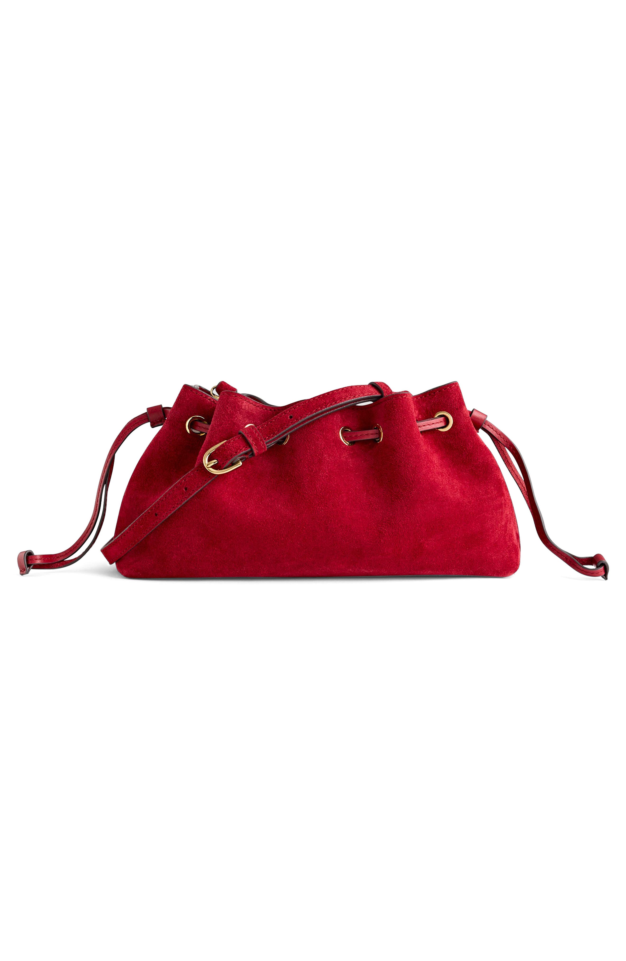 Suede East/West Drawstring Clutch, Alternate, color, GARNET STONE