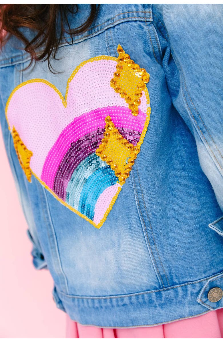 Lola + The Boys Sparkle Rainbow Heart Denim Jacket, Alternate, color, 